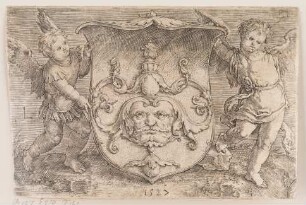 Wappen mit Maske von zwei Genien gehalten