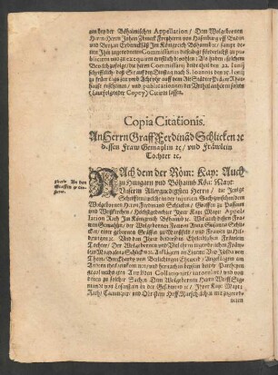 Copia Citationis. An Herrn Graff Ferdiand Schlicken etc ...