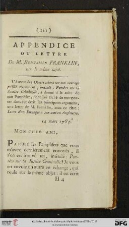 Appendice ou lettre de M. Benjamin Franklin, sur le meme sujet