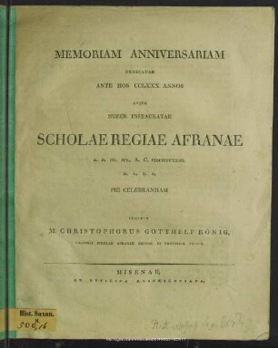 1823: Memoriam anniversariam dedicatae ante hos ... annos Scholae Regiae Afranae ... pie celebrandam indicit