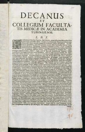 Decanus Et Collegium Facultatis Medicae In Academia Tubingensi L. B. S.