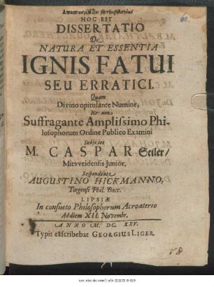 Apospasmation meteōrologias Hoc Est Dissertatio De Natura Et Essentia Ignis Fatui Seu Erratici