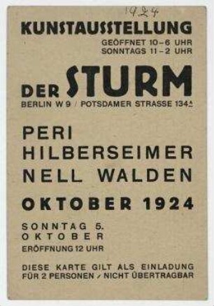 Der Sturm. Berlin. Einladung zur Ausstellung Peri / Hilberseimer / Nell Walden in der Galerie Der Sturm, Oktober 1924