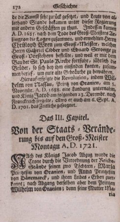 Das III. Capitel. Von der Staats-Veränderung bis auf den Groß-Meister Montagu A.D. 1721.