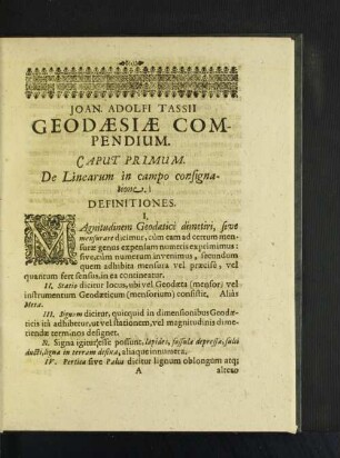 Joan. Adolfi Tassii Geodaesiae Compendium. [Caput Primum - Caput Secundum]