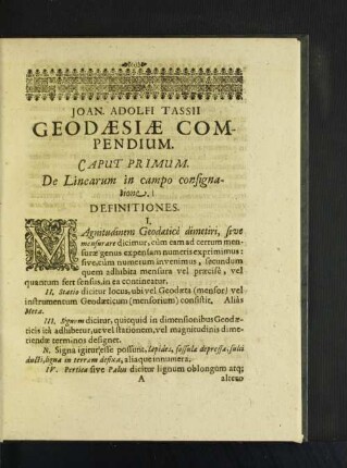Joan. Adolfi Tassii Geodaesiae Compendium. [Caput Primum - Caput Secundum]