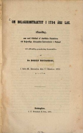 Om bolagskontraktet i 1734 års lag : (Akad. Afhandling)