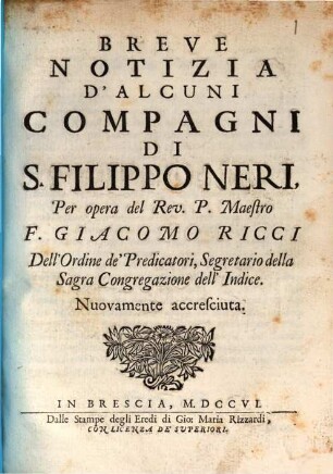 Breve Notizia d'alcuni Compagni di S. Filippo Neri