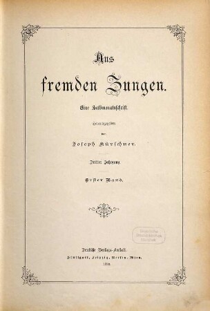 Aus fremden Zungen : Zeitschr. für d. moderne Erzählungslitteratur d. Auslandes, 3,1. 1893