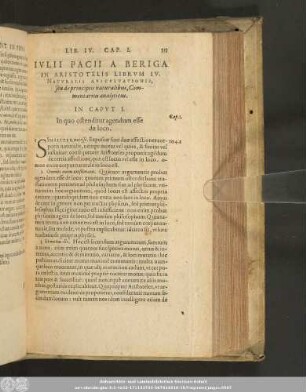 Iulii Pacii A Beriga In Aristotelis Librum IV. Naturalis Auscultationis, seu de principiis naturalibus, Commentarius analyticus.
