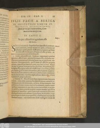 Iulii Pacii A Beriga In Aristotelis Librum IV. Naturalis Auscultationis, seu de principiis naturalibus, Commentarius analyticus.