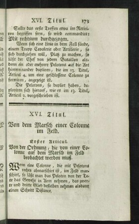 XVI. Titul. Von dem Marsch einer Colonne im Feld