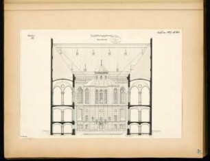 Ausstellungsgebäude Monatskonkurrenz Februar 1879: Querschnitt mit Aufriss Rückflügel-Hofansicht; Maßstabsleiste