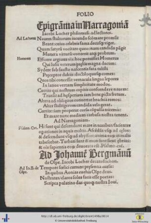 Ad Johannem Bergmanum de Olpe Iacobi Locher decatostichon