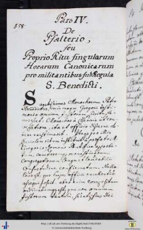 Pars Quarta. De Psalterio, seu Proprio Ritu singularum Horarum Canonicarum…