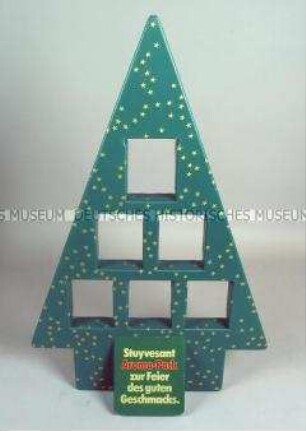 Werbeaufsteller mit Werbeaufdruck für "Peter Stuyvesant"-Zigaretten, Weihnachtsbaum
