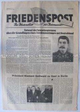 Wochenzeitung der DSF "Friedenspost" u.a. zur "Stalin-Note" und zum Staatsbesuch von Klement Gottwald in der DDR