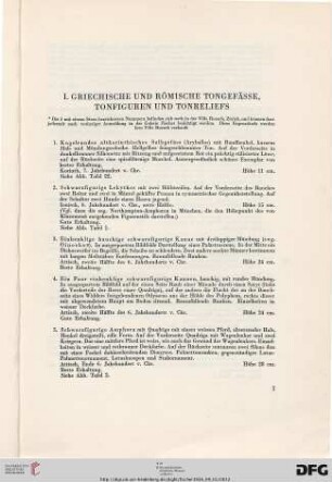 I Griechische und römische Tongefässe, Tonfiguren und Tonreliefs (Nr. 1-89)