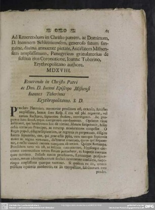 Ad Reverendum in Christo patrem ... Joannem Schleinicensem ... Antistitem Misnensem amplissimum, Panegyricus gratulatorius de festiva eius Coronatione