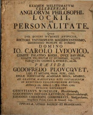 Examen meletematum celeberrimi Anglorum philosophi Lockii, de personalitate