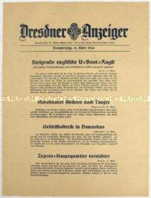 Nachrichtenblatt "Dresdner Anzeiger" u.a. zum Unterseebootkrieg aus britischer Sicht