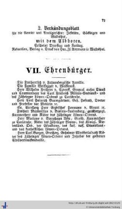 Ehren-Bürger, Alphabetisches Verzeichniß der Künstler, Handels- und Gewerbsleute, Verzeichniß sämmtlicher Hauseigenthümer in Freiburg, Herdern und Wiehre.