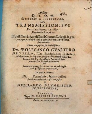 Disputatio Inauguralis, De Transmissionibvs Hereditatis non acquisitae