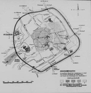 Erfurt, Stadtplan mit mutmaßlichen Verlauf der 2. Ummauerung von 1168