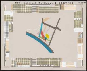 »In-form-art« Kulturinstitut der Zukunft am Kulturforum, Berlin-Tiergarten Schinkelwettbewerb 1988: Lageplan 1:1000, 4 Ansichten 1:200