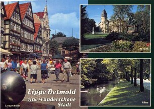 Postkarte. Lippe Detmold eine wunderschöne Stadt. Langestraße, Schloß, Allee