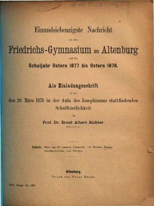 Nachricht von dem Herzoglichen Friedrichs-Gymnasium zu Altenburg : über das Schuljahr Ostern ... bis Ostern .... 1877/78