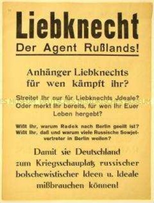 Gegen Karl Liebknecht und Rosa Luxemburg gerichtetes antibolschewistisches Flugblatt von Eduard Stadtler