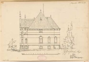 Villenartiges Wohnhaus, Lüdenscheid Monatskonkurrenz Dezember 1883: Aufriss Nordostansicht (Rückansicht); Maßstabsleiste (Kopie, da Original an Auslober ging)