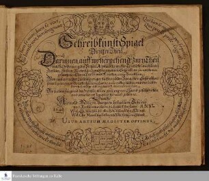 SchreibkunstSpigel Drittel Theil : Darinnen, auff vorhergehende zwey Theil, nach Ordnung des Versal Alphabets, mehr Teütsche: auch Latei-, Italian-, Hispan-, Niederländ-, und Frantzösische Schrifften : sampt daran gehängeten Ehren-Titeln und Kaufmanns Brieflein ...