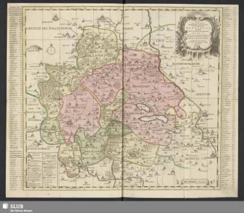 Accurate Geographische Delineation der Graffschafft Mannsfelt Sowohl Chur Sächsisch. als Brandenb. Hoheit : benebst denen Aemtern Sangerhausen, Querfurth, Sittichenbach, Allstaedt und andern angrentzenden Gegenden
