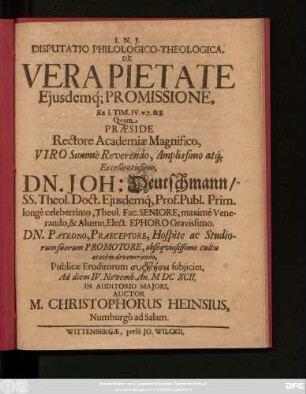 Disputatio Philologico-Theologica, De Vera Pietate Eiusdemq[ue] Promissione, Ex I. Tim. IV. v. 7. & 8.