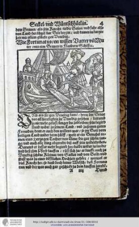 Wie Fortunatus on wissen Vatter vnn Muter mit eim Grauen in Flandern Schiffte. (Bl. 4 recto - 5 recto)