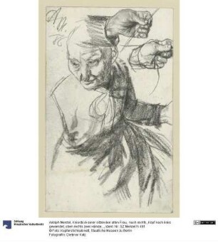Kniestück einer sitzenden alten Frau, nach rechts, Kopf nach links gewendet, oben rechts zwei Händestudien