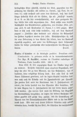 314-315 [Rezension] Batiffol, Pierre, L' eucharistie. La présence réelle et la transsubstantiation