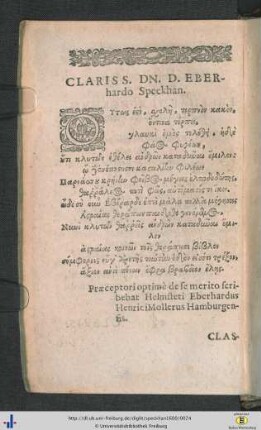 Eberhardus Henricus Mollerus: Clariss. Dn. D. Eberhardo Speckhan.