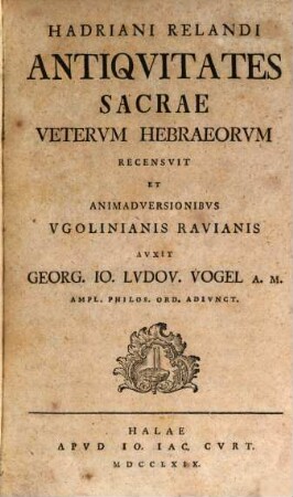 Hadriani Relandi Antiquitates Sacrae Veterum Hebraeorum