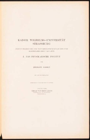 Titelblatt: Titel (aus: Kaiser-Wilhelms-Universität, Straßburg. I. Das Physikalische Institut, 1884)