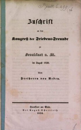 Zuschrift an den Kongreß der Friedens-Freunde zu Frankfurt a. M. im August 1850