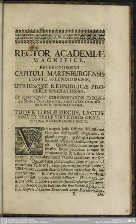 Rector Academiae Magnifice, Reverendissimi Capituli Martisburgensis Legate Spledidissime ...