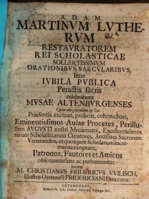 Mart. Lutherus restaurator rei scholasticae ... : Progr.