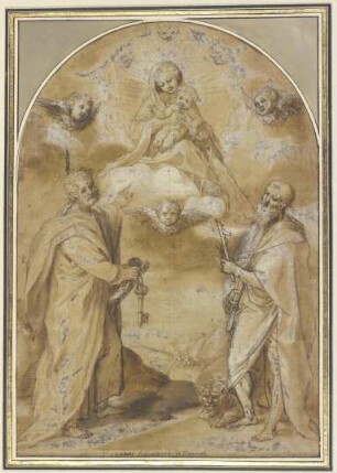 Die Madonna mit dem Jesuskind erscheint in einer engelgesäumten Gloriole den Heiligen Petrus und Hieronymus