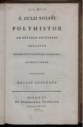 C. Iulii Solini Polyhistor : Ad Optimas Editiones Collatus ; Praemittitur Notitia Literaria ; Accedit Index