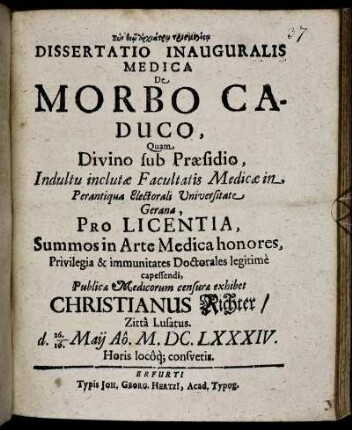 Dissertatio Inauguralis Medica De Morbo Caduco