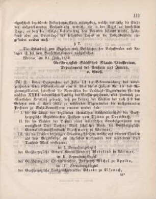 76. Ministerial-Bekanntmachung, die Ernennung von Wahl-Kommissaren zur Leitung der Wahlen der Abgeordneten zum nächsten XXIII. ordentlichen Landtag betreffend