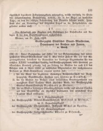 76. Ministerial-Bekanntmachung, die Ernennung von Wahl-Kommissaren zur Leitung der Wahlen der Abgeordneten zum nächsten XXIII. ordentlichen Landtag betreffend